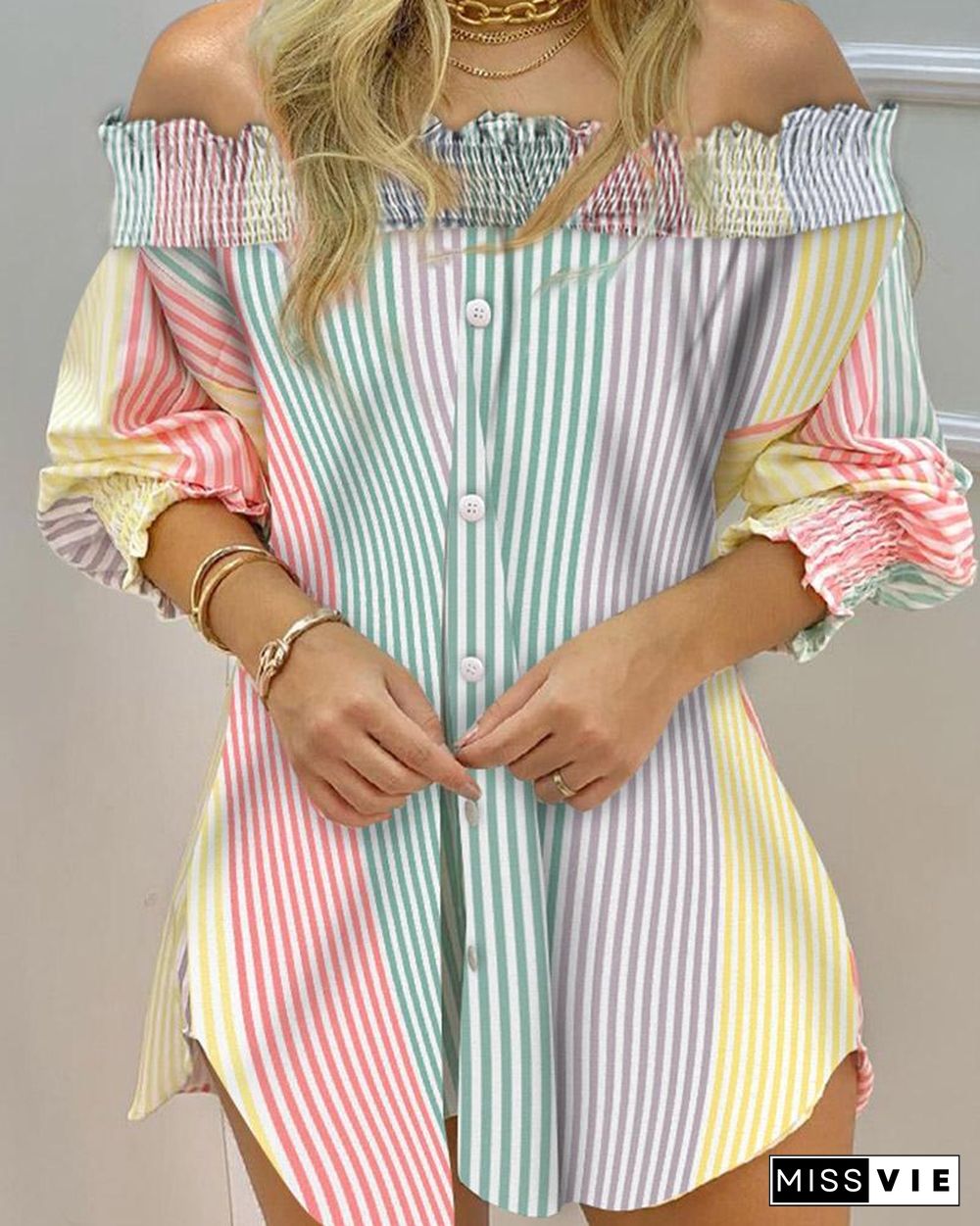 Off Shoulder Color Striped Button Front Smoking Blouse Dress P13581