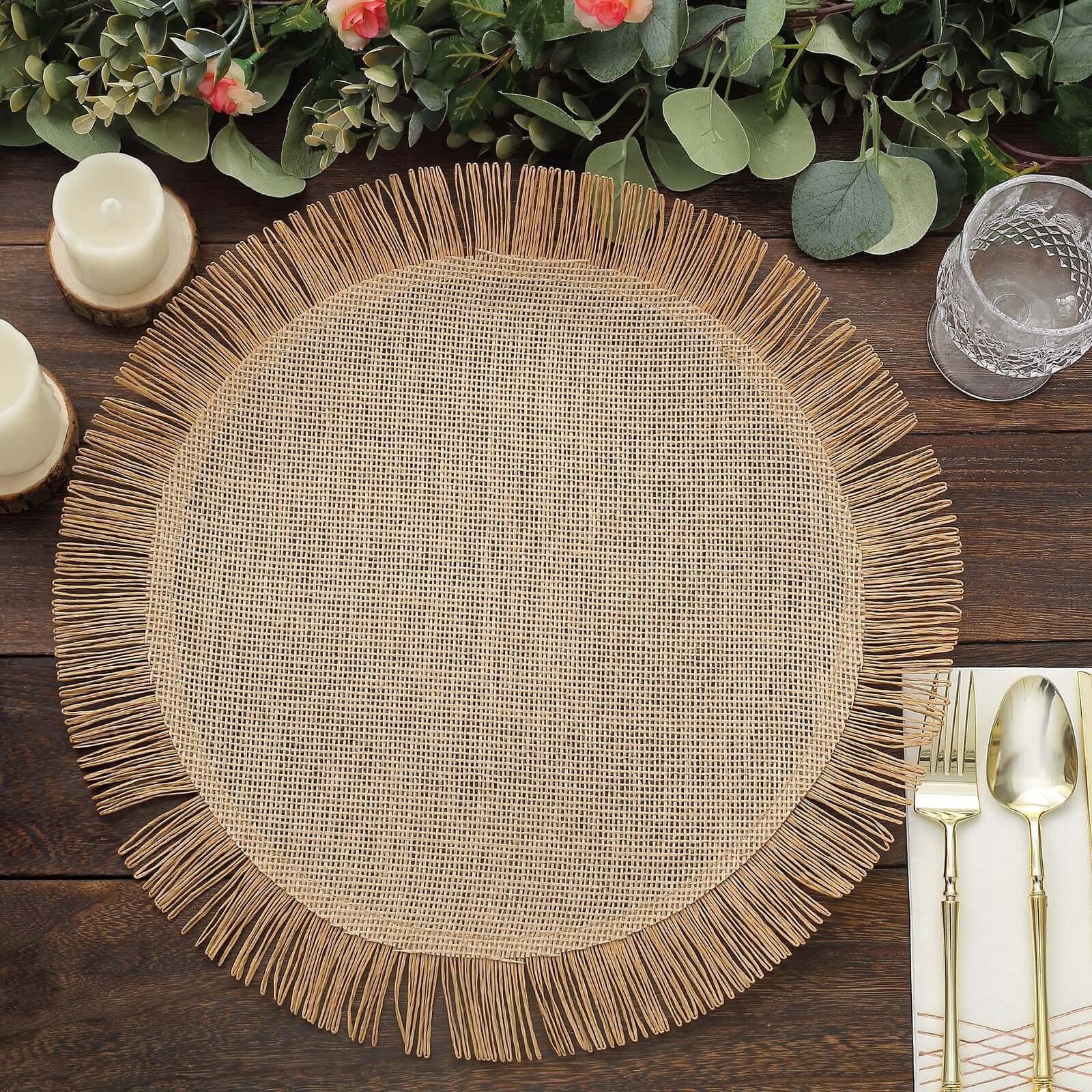 4 Pack Natural Jute Boho Chic Fringe Edge Table Placemats, Rustic Farmhouse Burlap Tassel Dining Table Mats 16