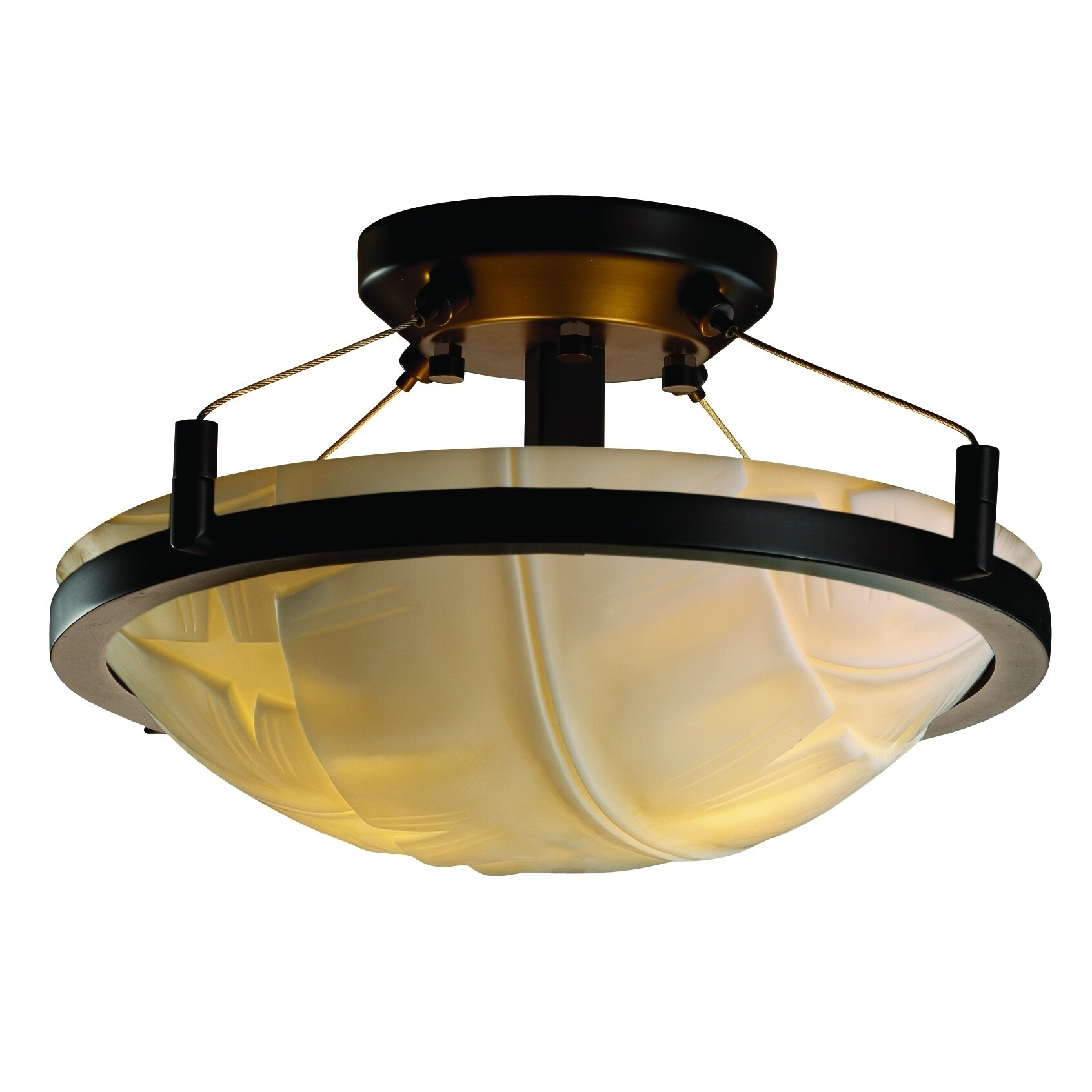 Justice Design Porcelina Ring Dark Bronze 2-light Semi-flush， Banana Leaf Round BowlShade