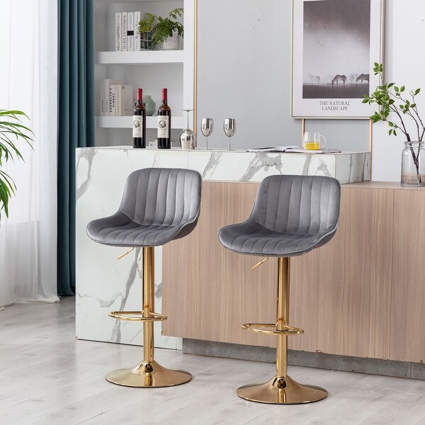 Velvet Bar Stool w/Chrome Footrest and Base Swivel，Set of 2