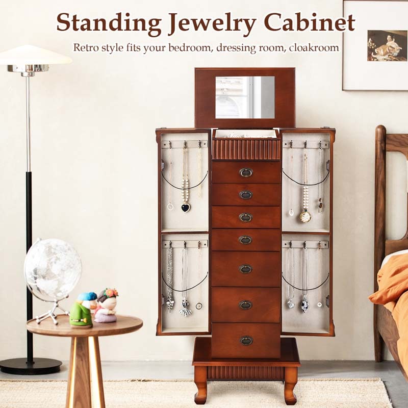 Large Capacity Standing Jewelry Armoire Cabinet Storage Chest with 7 Drawers, 2 Swing Doors & Makeup Mirror