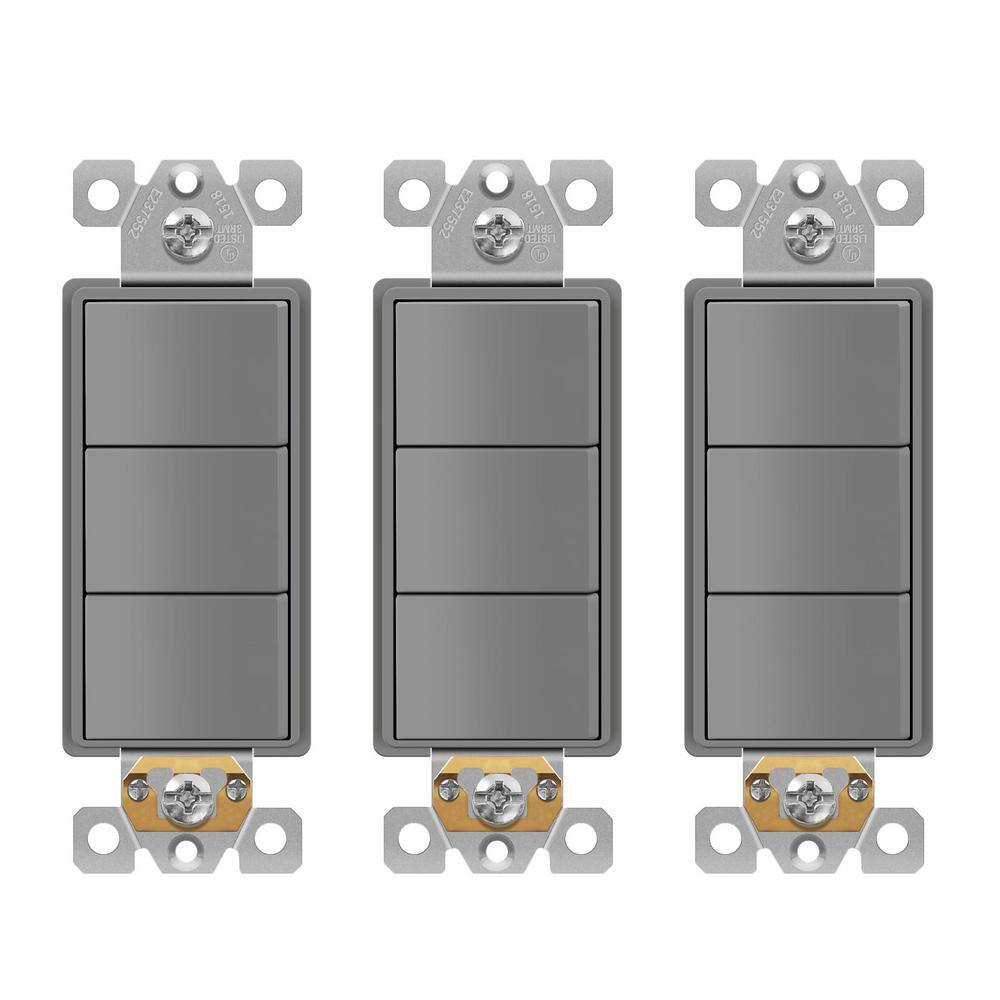 ENERLITES 15 Amp 120-Volt to 277-Volt Triple Paddle Rocker Decorator Light Switch Single Pole Residential Grade in Gray (3-Pack) 62755-GY-3PCS