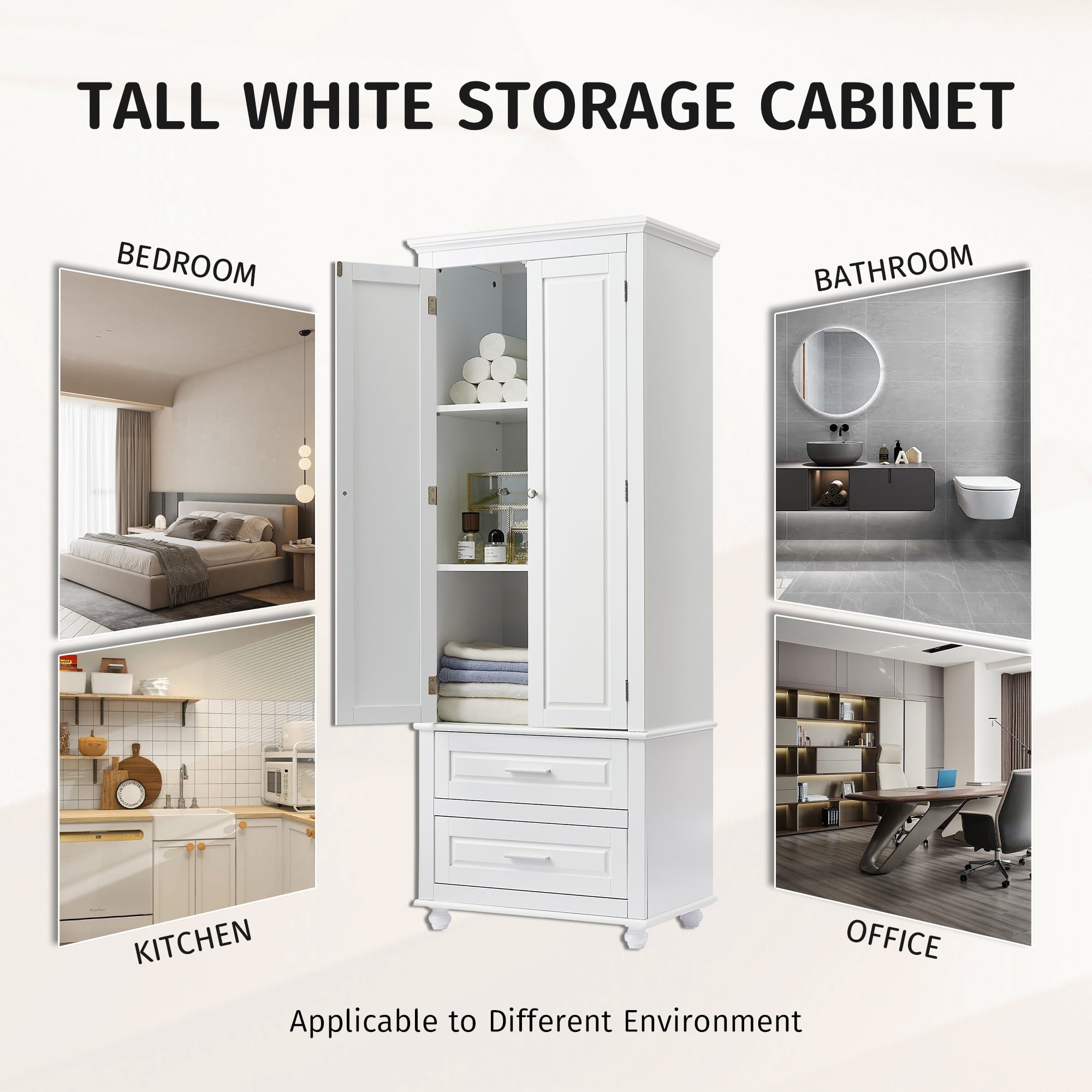 Bellemave Tall Storage Cabinet with Adjustable Shelves, Bathroom Cabinet, Wooden Storage Cabinet with 2 Drawers Storage Organizer Cupboard Floor Cabinet, White