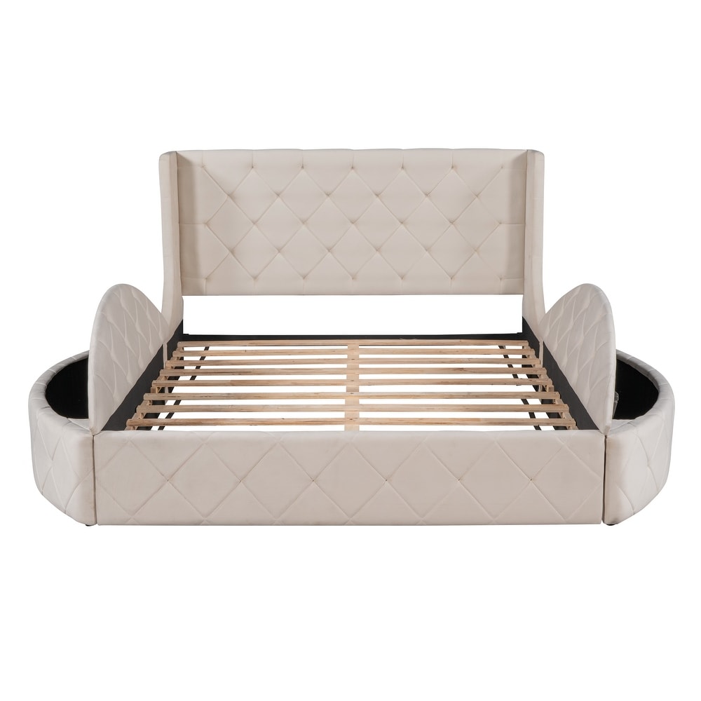 Upholstered Platform Bed  Queen Size Storage Velvet Bed with Wingback Headboard and 1 Big Drawer  2 Side Storage Stool