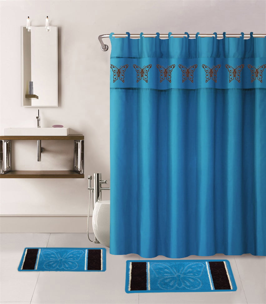 15-PIECE BATHROOM SET : 2-RUGS/MATS， 1 -FABRIC SHOWER CURTAIN， 12-FABRIC COVERED RINGS NON SLIP RUGS BUTTERFLY TURQUOISE