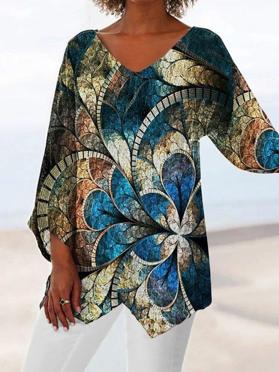 Casual Vintage Print V-Neck Long Sleeve Blouse