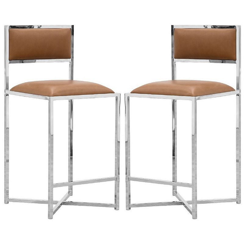 Eun 26 Inch Faux Leather Counter Stool， Chrome Base， Set of 2， Brown