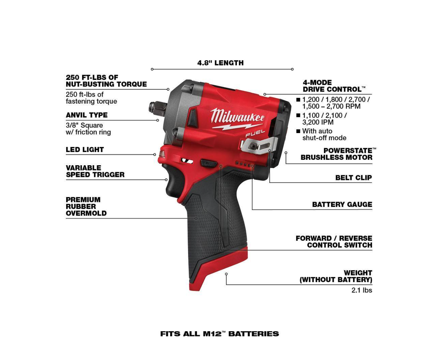 Milwaukee 2554-20-2557-20-48-59-2440 M12 FUEL 12V Lithium-Ion Brushless Cordless Stubby 3/8 in. Impact Wrench and 3/8 in. Ratchet Kit w/Battery and Charger