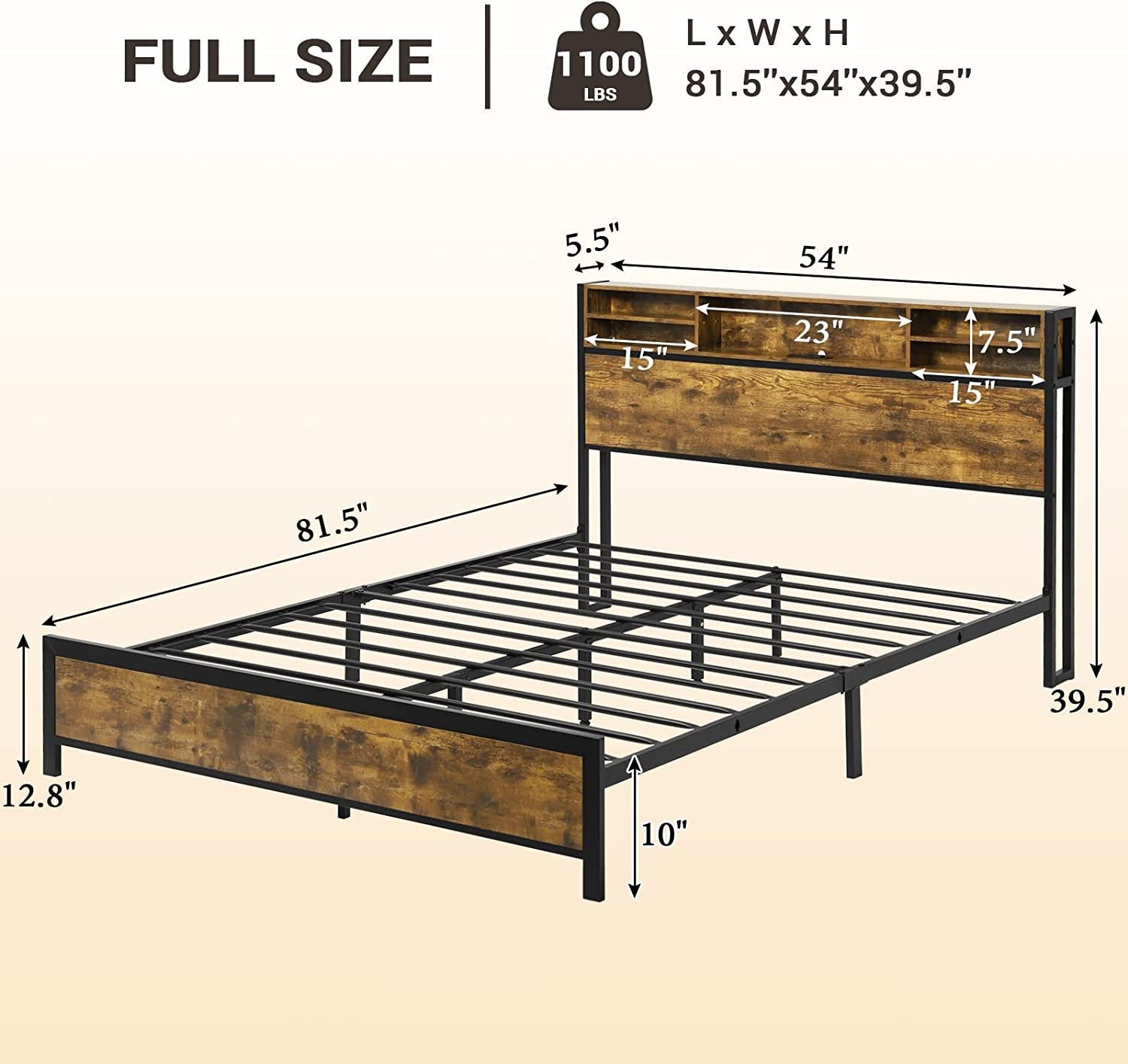 LED Bed Frame with Charging Station and Storage Headboard,Full Size Metal Platform Bed with LED Lights, Rustic Brown