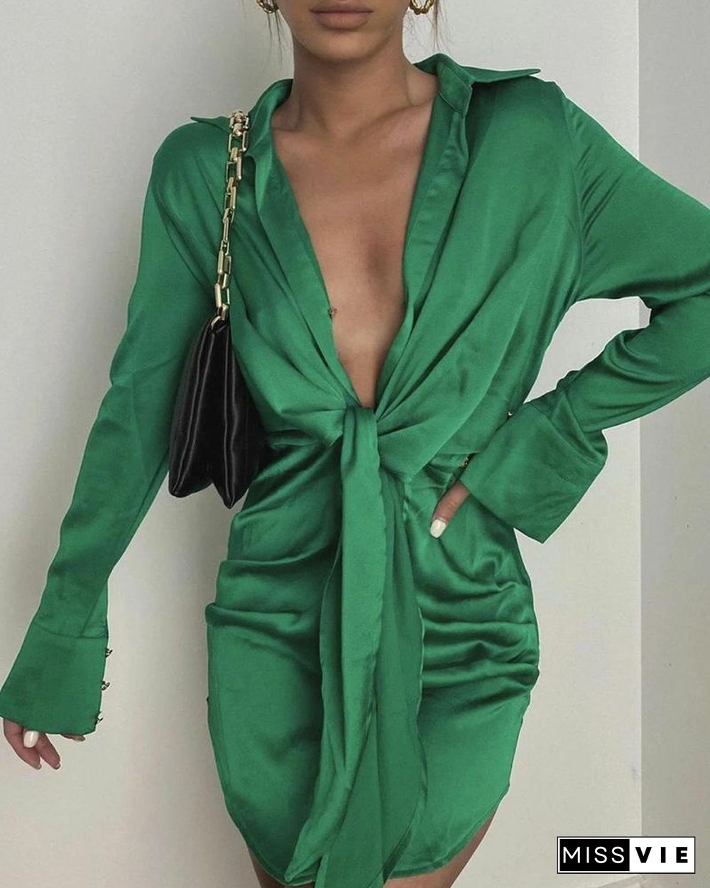 Solid Color Long Sleeve Tie Front Dress