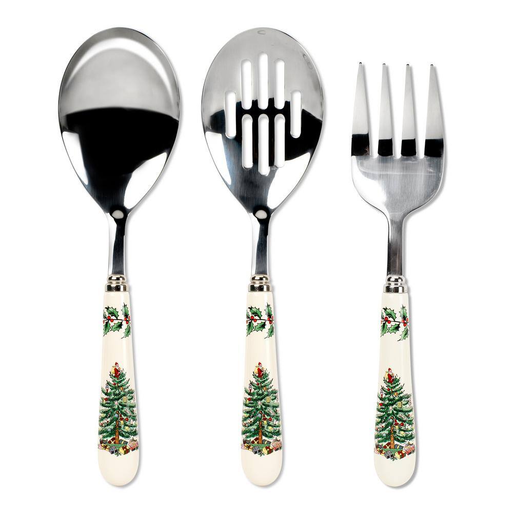 Spode Christmas Tree 10 in. 3-Piece Stainless Steel and White Ceramic Cutlery Set 1497665