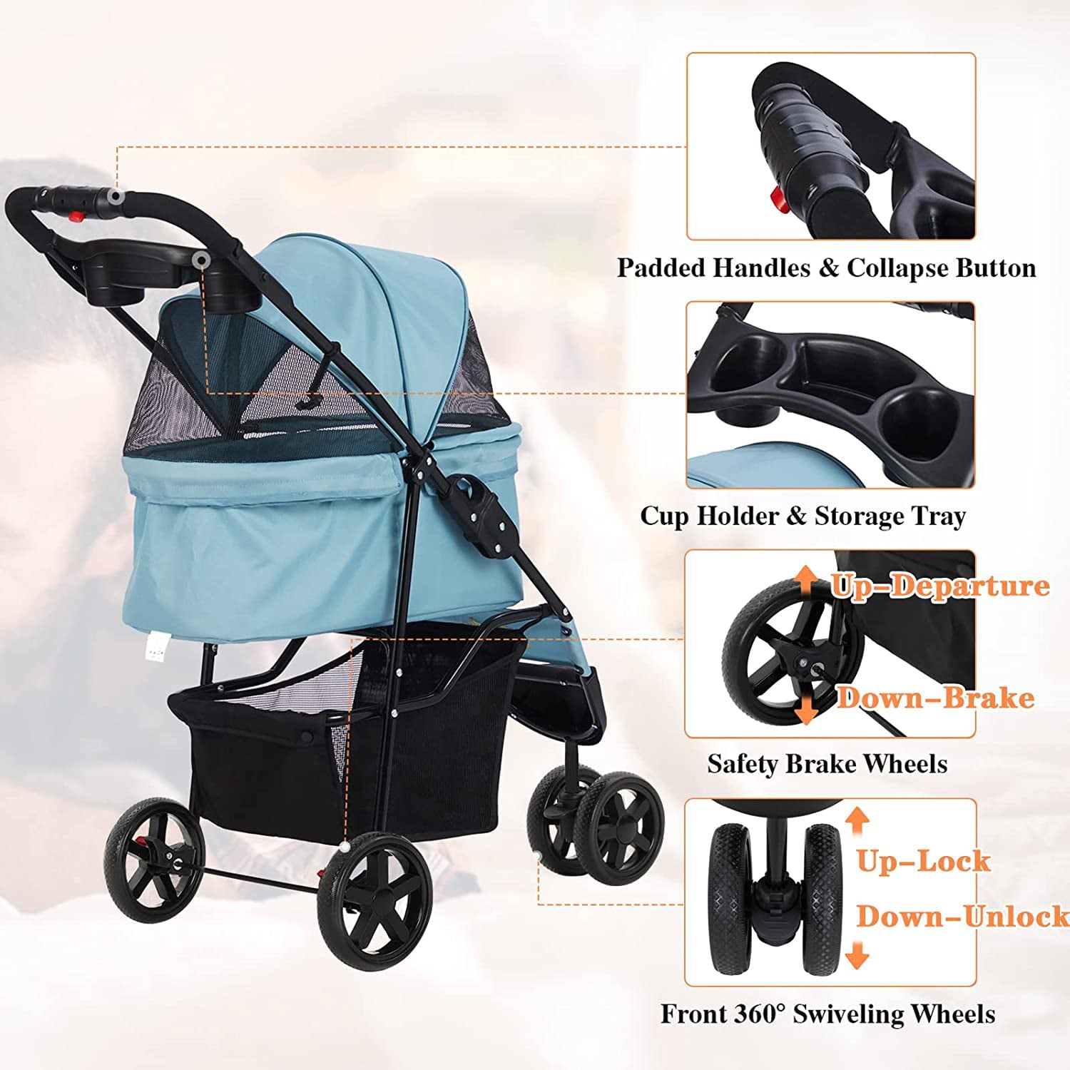 Pet Strollers for Small Medium Dogs and Cats， Folding Dog Stroller Traveling Strolling Cart with 3-Wheel and Removable Liner and Storage Basket， Light Blue