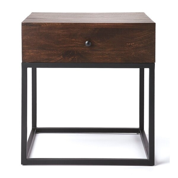 Offex Brixton Wood and Iron End Table with Storage Drawer - Dark Brown - 19.5