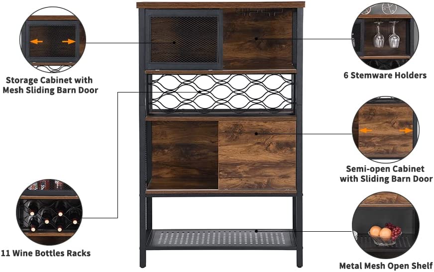 Brown Kitchen Storage Cabinet， Industrial Bar Cabinet with Wine Rack for Liquor and Glasses， 5-Tier Sideboard Buffet for Kitchen Dining Room with Sliding Door and Shelves