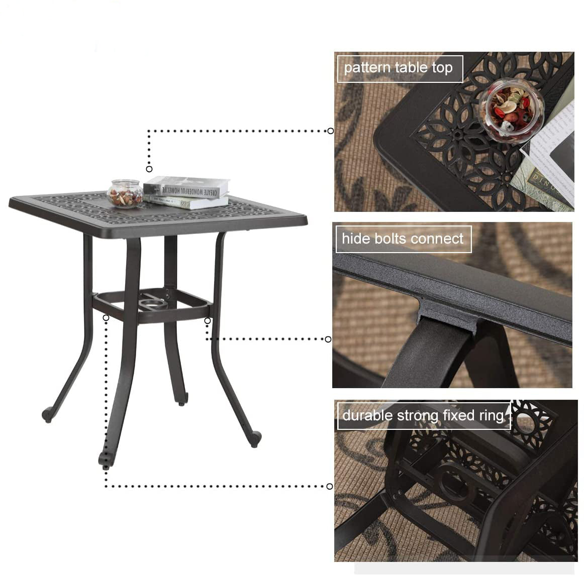 MF Studio Outdoor Table Cast Aluminum Bistro Square Dining Table with Umbrella Hole and Frosted Surface Suitable for Patio Garden Poolside