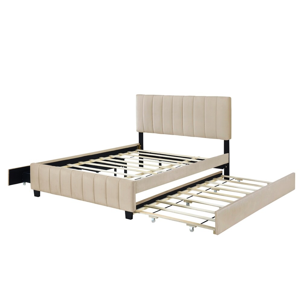 Queen Size Velvet Upholstered Platform Bed with Twin XL Size Trundle Bed  2 Storage Drawers and Headboard