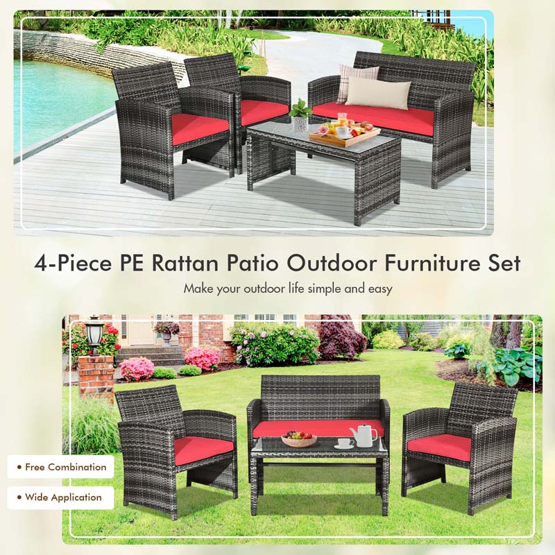 4 Pcs Rattan Wicker Patio Furniture Sets, Outdoor Conversation Sets with Loveseat, Table, Single Sofas