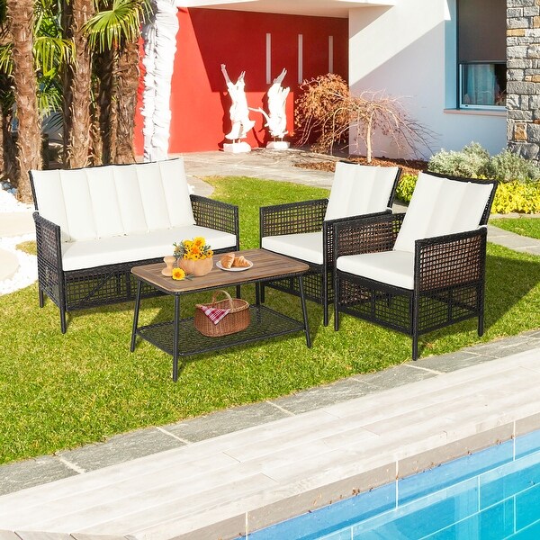 Costway Patiojoy 4PCS Patio Rattan Furniture Set Cushioned Chairs Wood