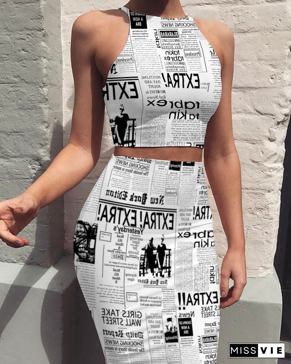 Newspaper Print Top & Midi Skirt Set