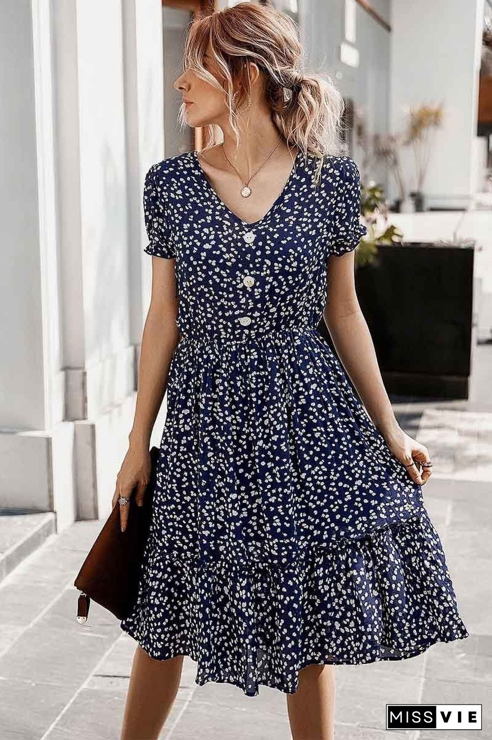 Cute Floral Print V-neck Dress