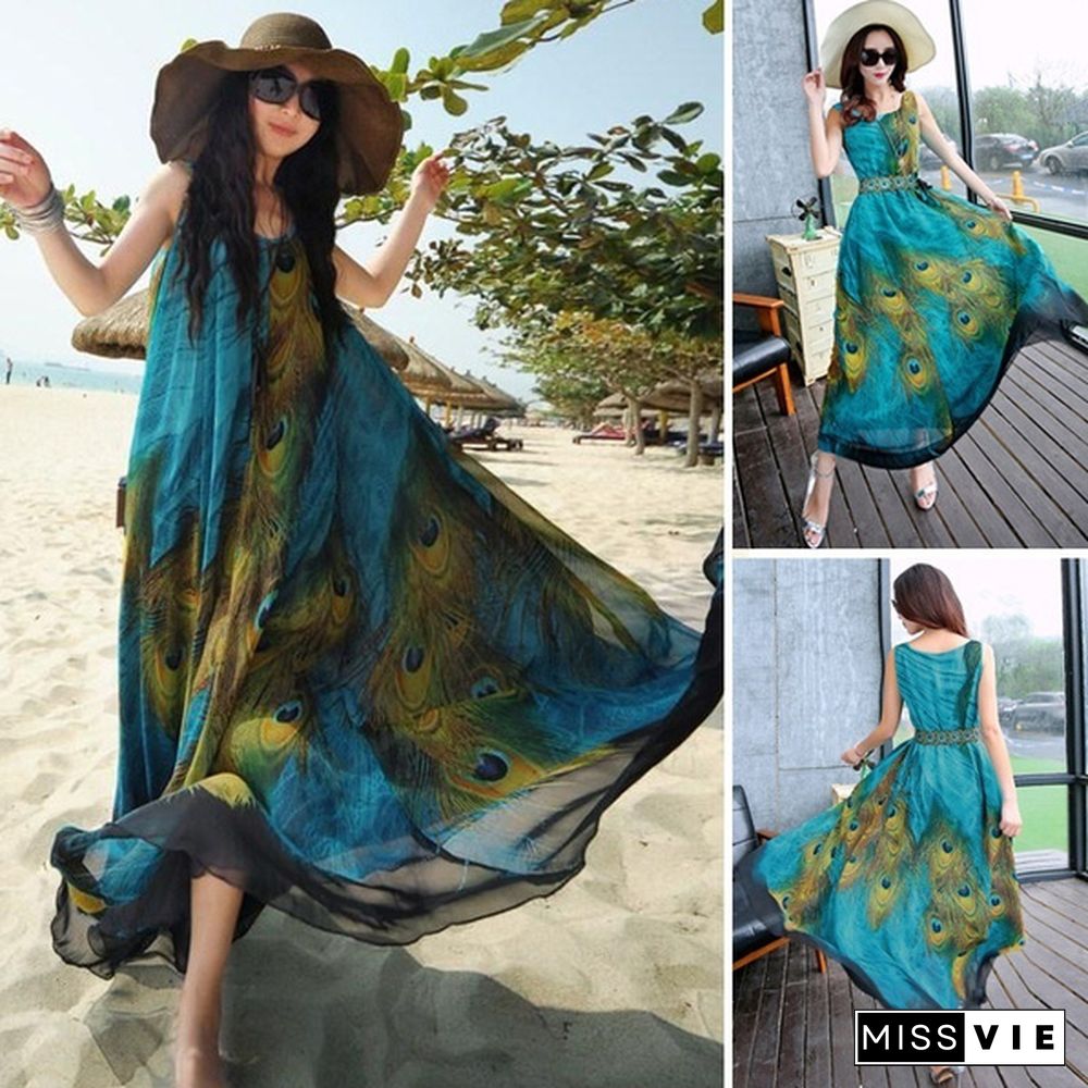 Women Chiffon Plus Sleeveless Tunic Peacock Floral Long Maxi Dress Sundress