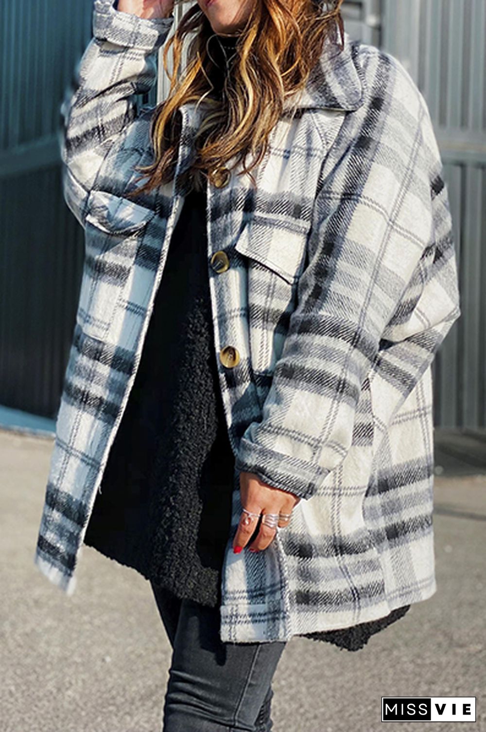 Plaid Lapel Hem Slit Loose Coat