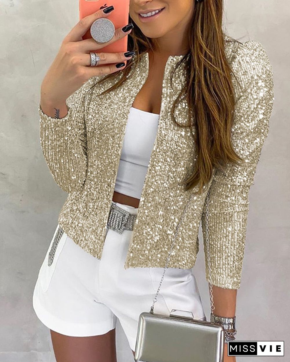 Spring Autumn Long Sleeve Open Front Sequin Coat Fashion Gitter Casual Shirts Streetwear Jackets Women'S Tops Loungewear