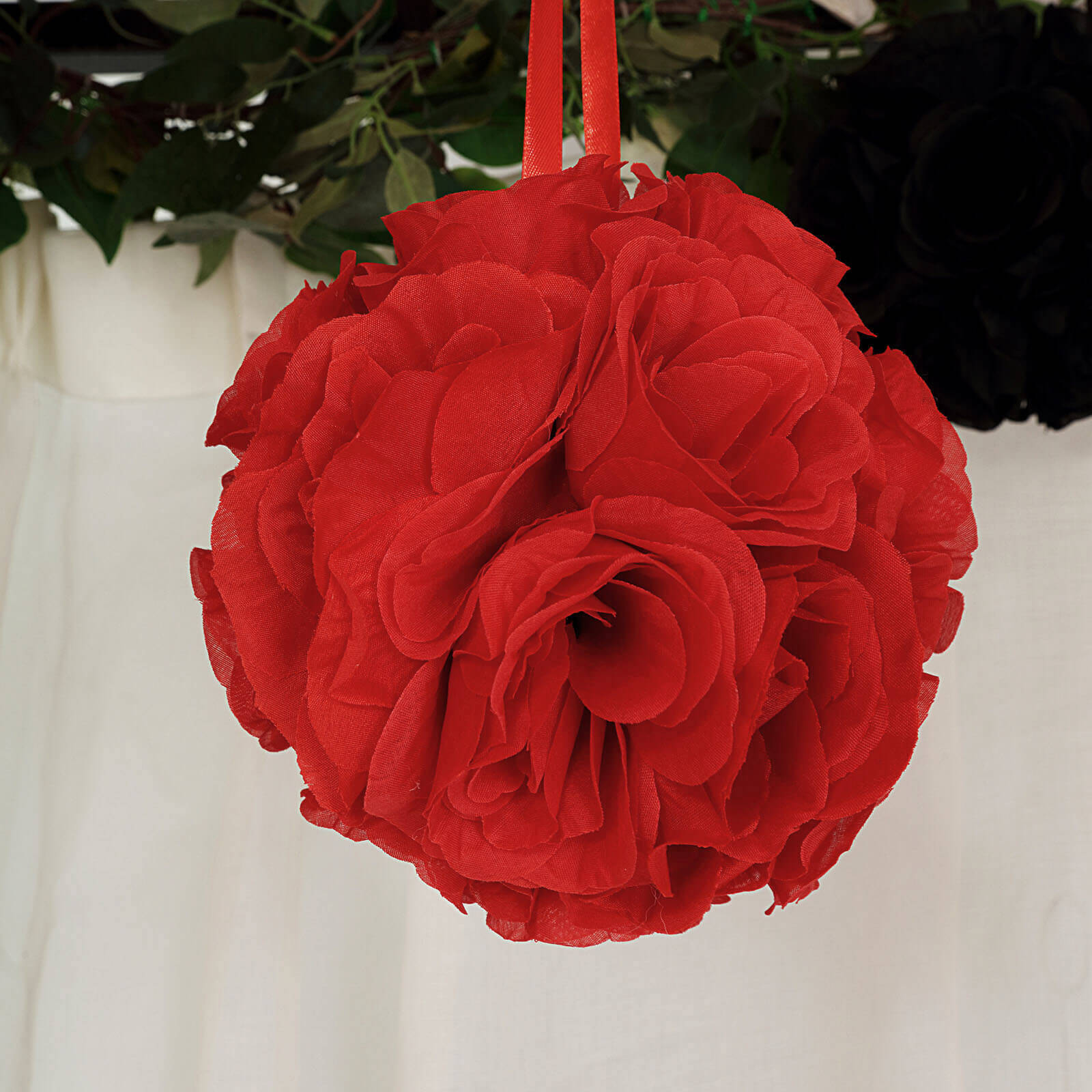 2 Pack Red Artificial Silk Rose Kissing Ball, Faux Flower Ball 7