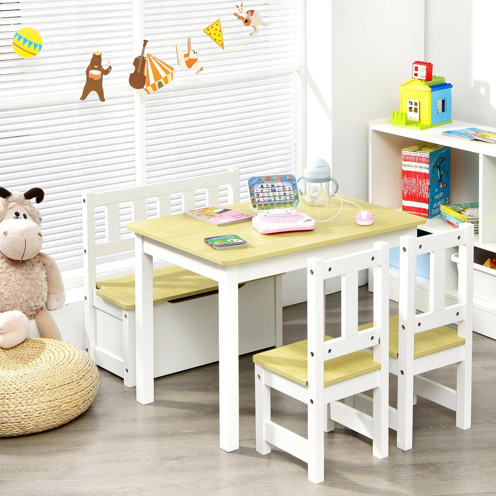 4 PCS Kids Wooden Activity Table & Chairs Set w/Storage Bench Study Desk