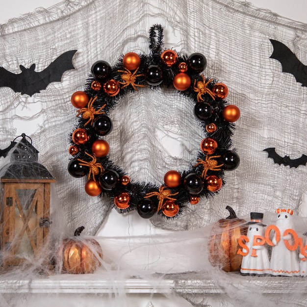 Northlight Orange Spiders And Ornaments Halloween Wreath 18 inch Unlit