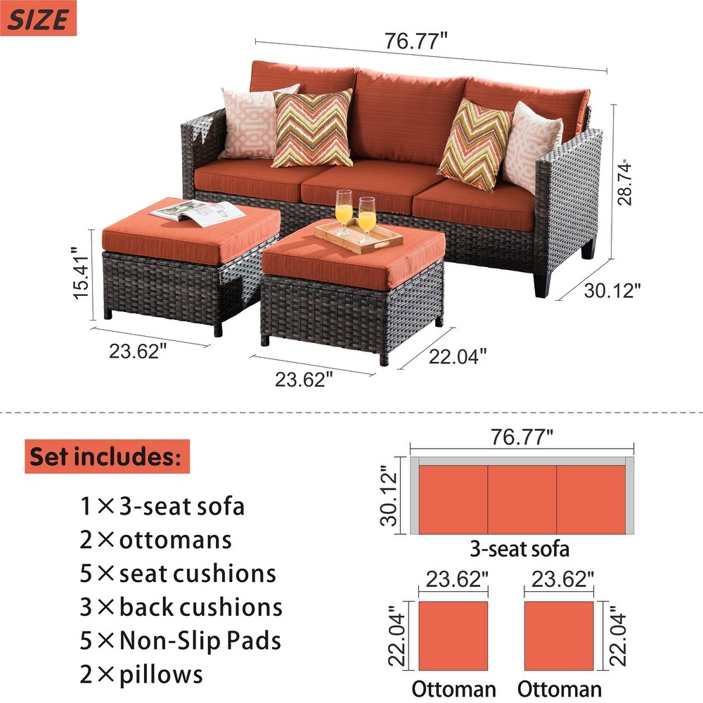 OVIOS 3 piece Outdoor High back Wicker Sectional Ottoman Set