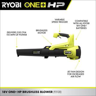 RYOBI ONE+ HP 18V Brushless 110 MPH 350 CFM Cordless Variable-Speed Jet Fan Leaf Blower (Tool Only) P21012BTL