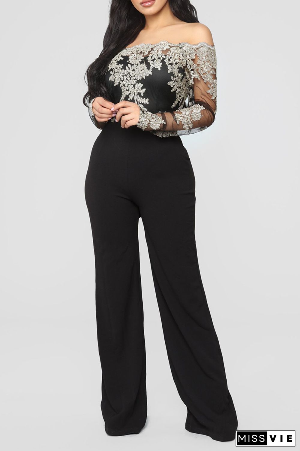 Sexy Solid Lace Off the Shoulder Boot Cut Jumpsuits