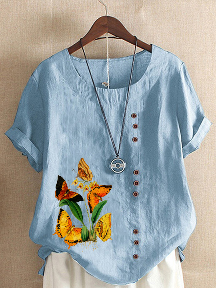 Round Neck Casual Loose Butterfly Short Sleeve Blouse