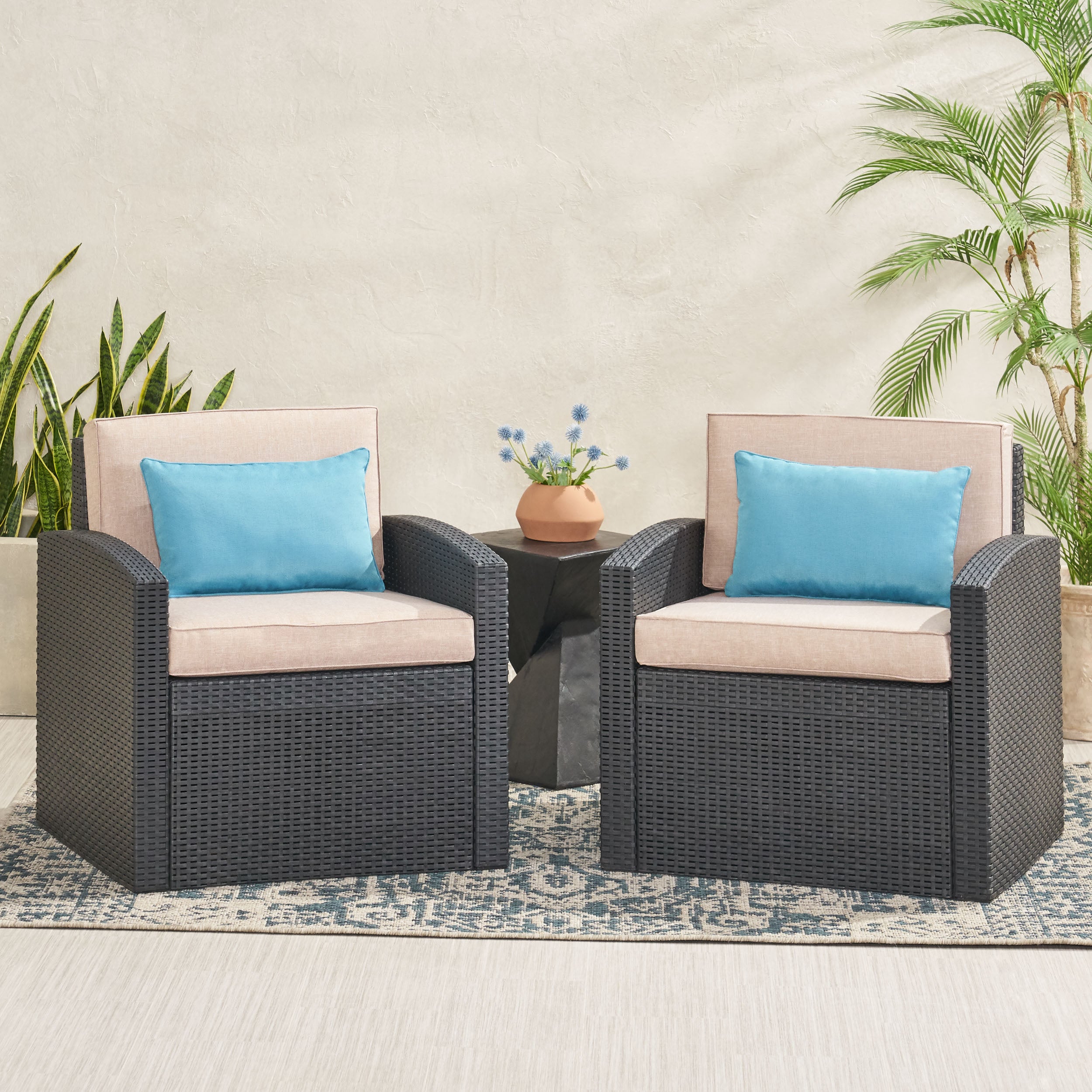 Kyara Outdoor Faux Wicker Club Chairs with Cushions (Set of 2)