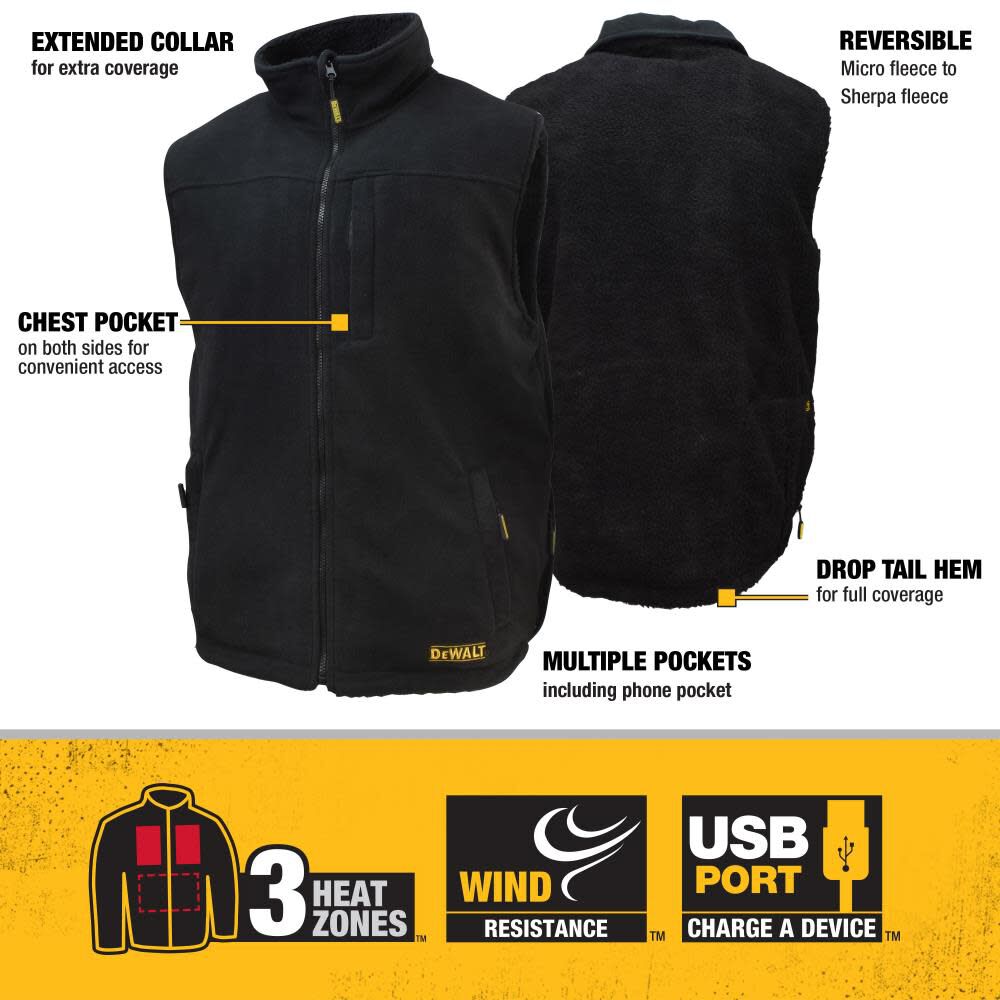 DW 20V Fleece Vest Mens Heated Kit Reversible Small Black DCHV086BD1-S from DW