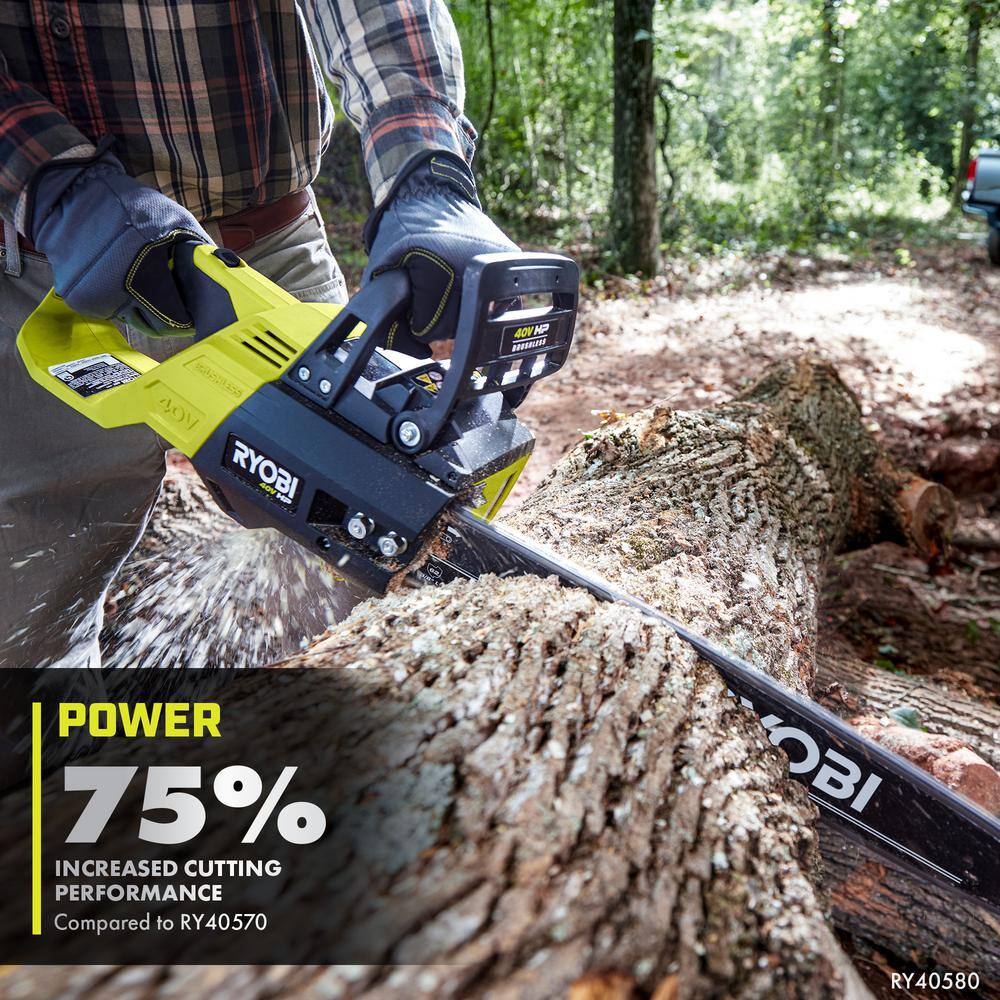 RYOBI RY40580-AC 40V HP Brushless 18 in Battery Chainsaw w/ Extra 18 in. Chain， 5.0 Ah Battery and Charger