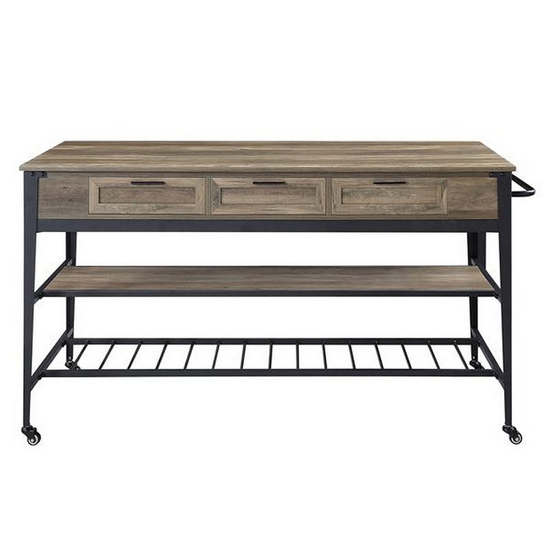 3 Tier Kitchen Island with 3 Drawers and Lockable Caster Wheels， Brown and Black