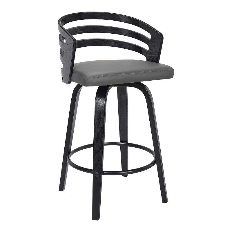 26 Inch Wooden and Leatherette Swivel Barstool， Gray and Black