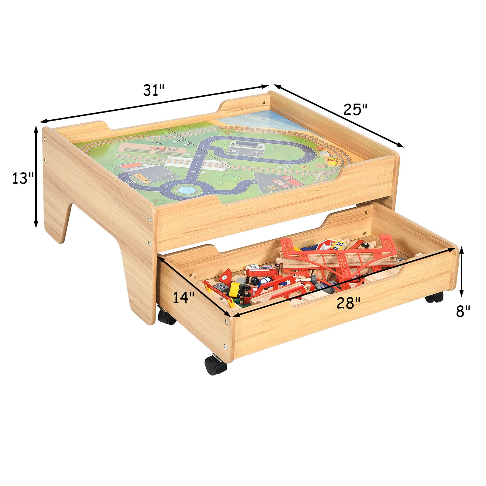 Costzon Train Table, Wood Kids Activity Table w/Storage Drawer, 100 Multicolor Pieces