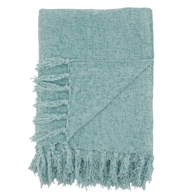 Chenille Throw Blanket With Fringed Edges Aqua Saro Lifestyle