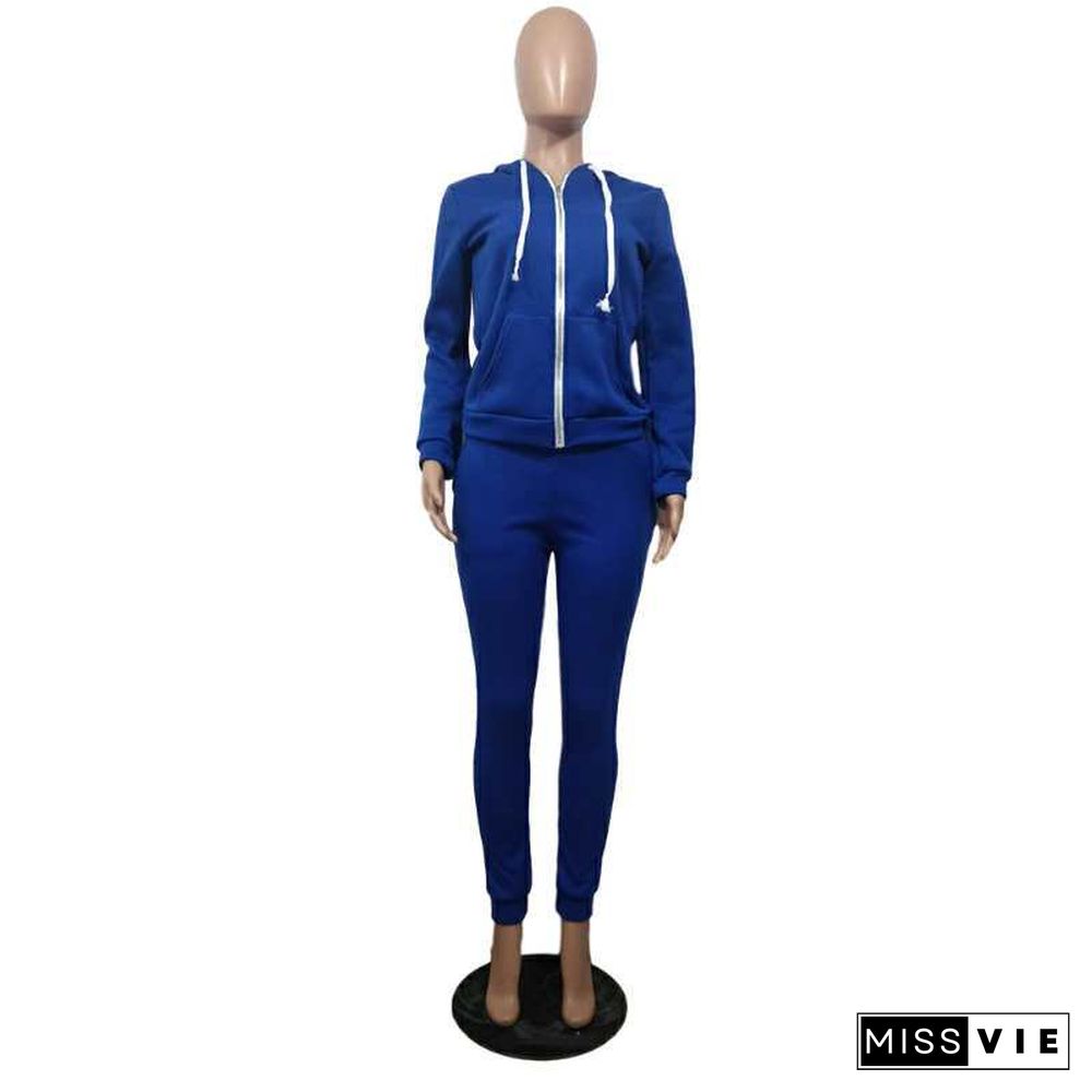 Solid Color Zipper Hoodie Skinny Pants Two Pieces Set