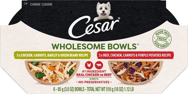 Cesar Wholesome Bowls Chicken， Carrots， Barley， Green Beans and Beef， Chicken， Carrots， Potatoes Variety Pack Wet Dog Food， 3-oz tray， case of 12