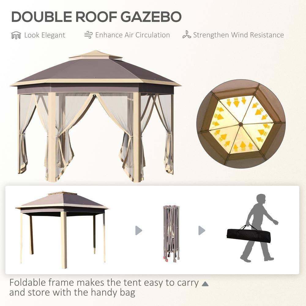 Outsunny 13 ft. x 11 ft. Pop Up Beige Gazebo Double Roof Canopy Tent with Zippered Mesh Sidewalls 84C-299BG