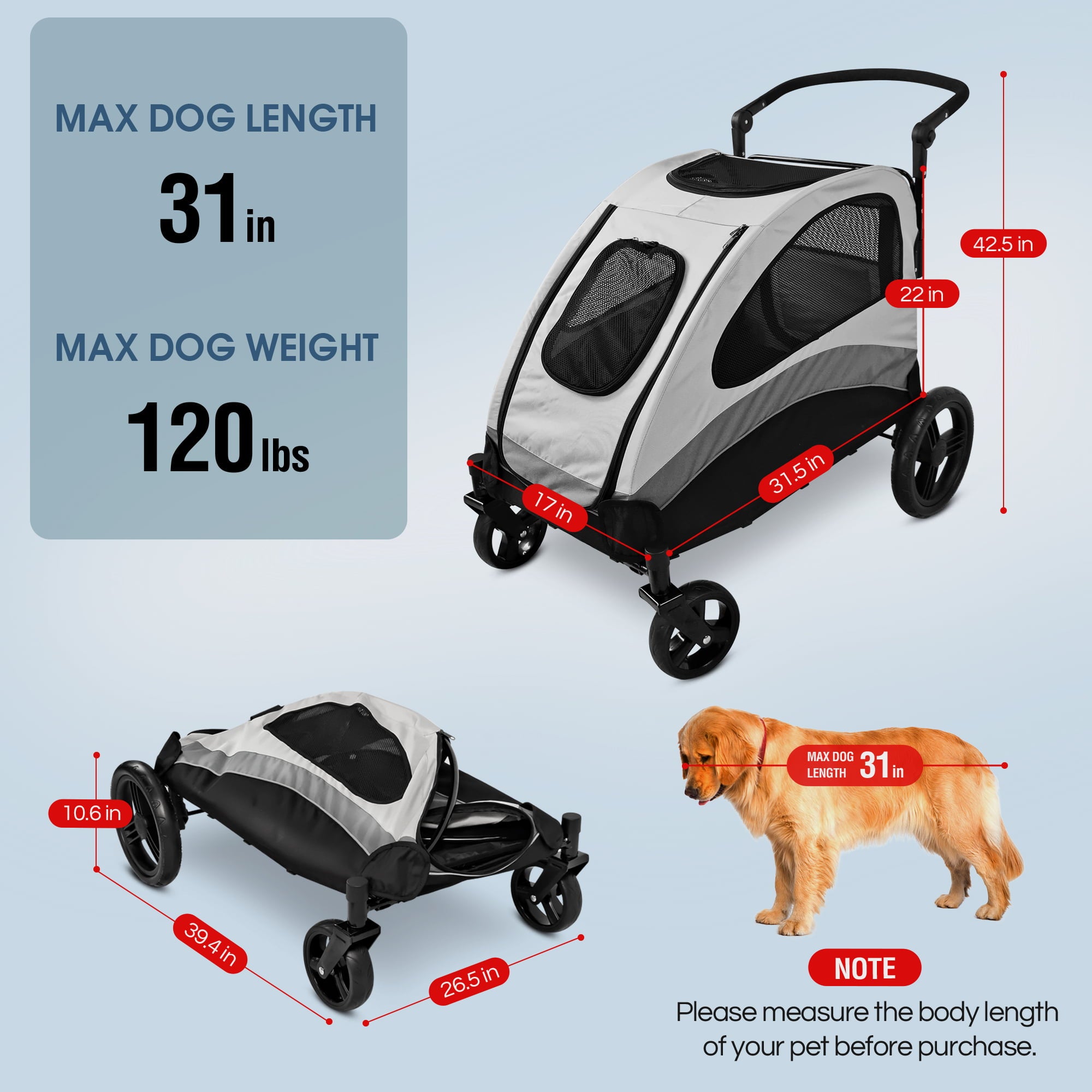 Foldable Pet Stroller for Large or 2 Dogs Cats Jogger Wagon with 4 Wheels