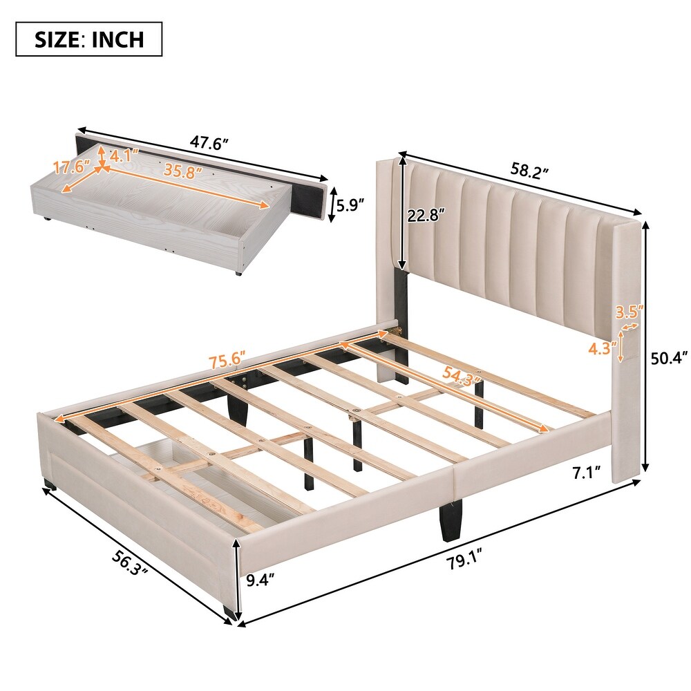 Queen/Full Size Velvet Upholstered Platform Bed with a Big Storage Drawer