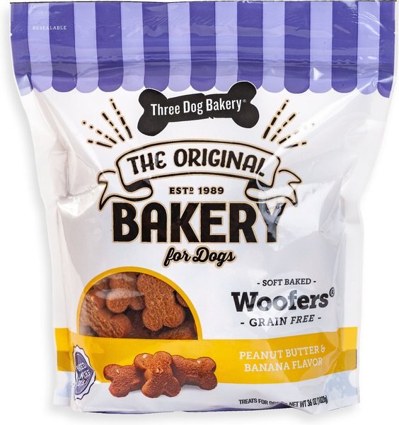 Three Dog Bakery Woofers Grain-Free Peanut Butter and Banana Woofers Dog Treats， 36-oz bag