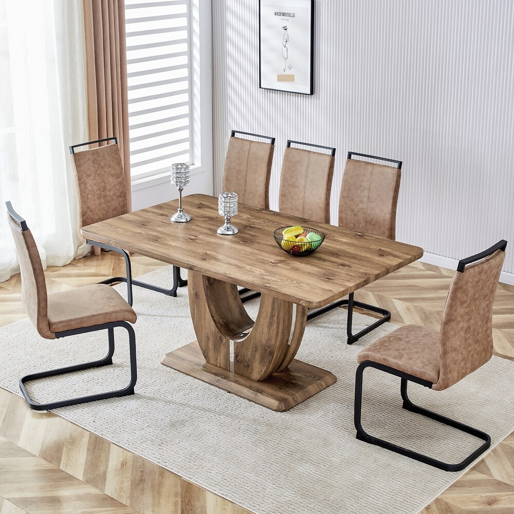 Modern 7 Piece Dining Set with Rectangular Marble Tabletop Dining Table and PU Leather Upholstered Chairs  for Dining Room