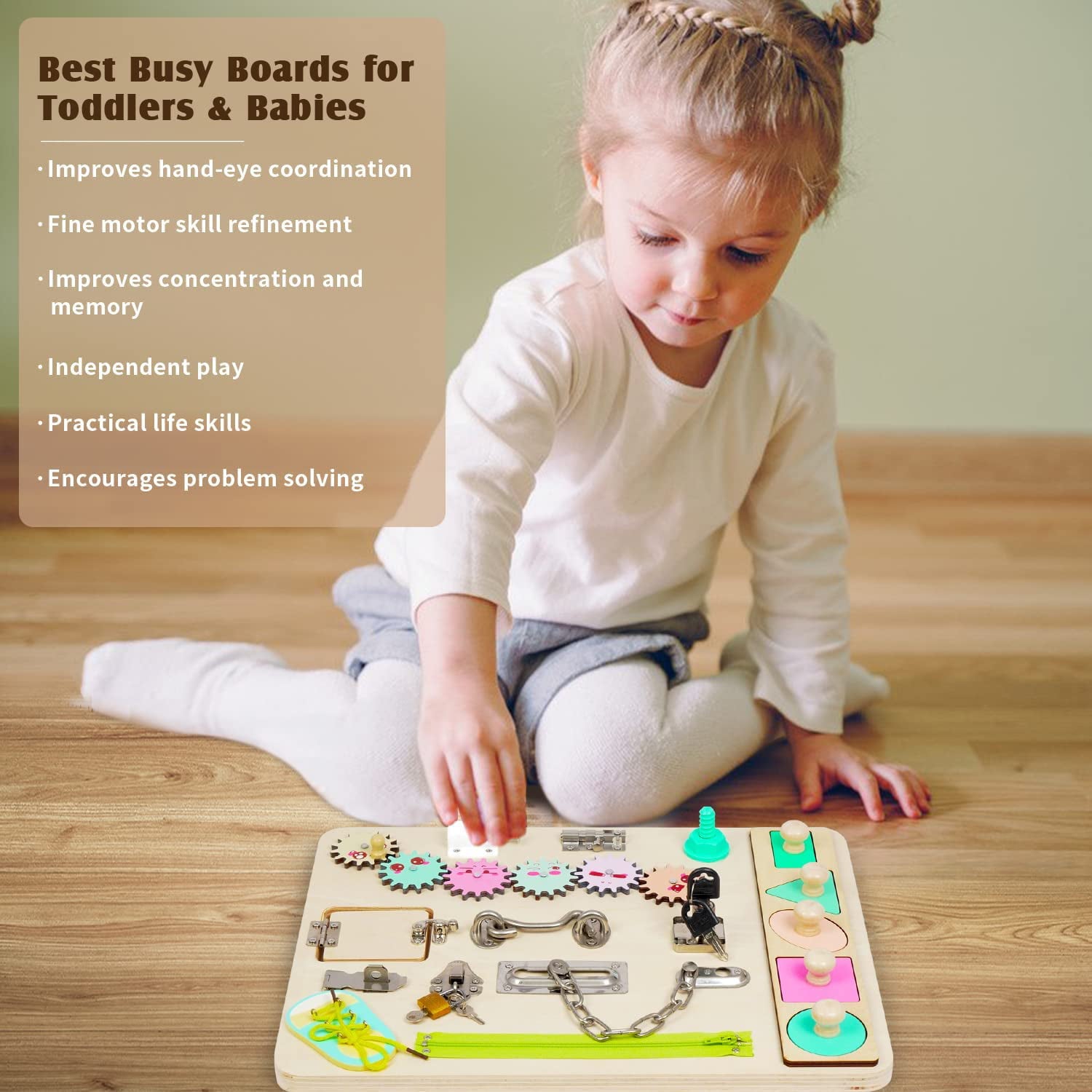 Ealing Wooden Montessori Busy Board for Toddlers， Sensory Play Set Educational Toys Preschool Learning Activities for Age 3 Year Old