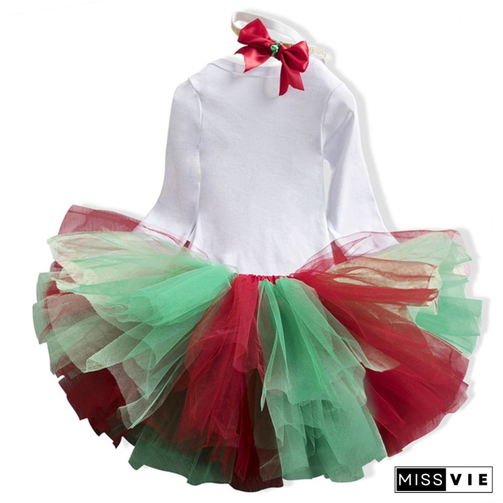 2 Style Baby Girls First Birthday Christmas Outfits 3Pcs = Long Sleeve Cotton Romper + Tutu Dress + Bowknot Headband Infant Kids Clothing